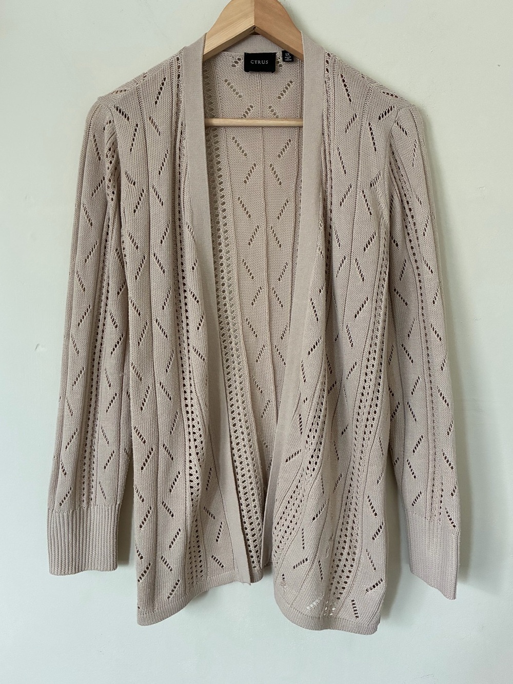 Cyrus Women 1X Beige Pointelle Knot Cardigan Sweater Taupe Lightweight